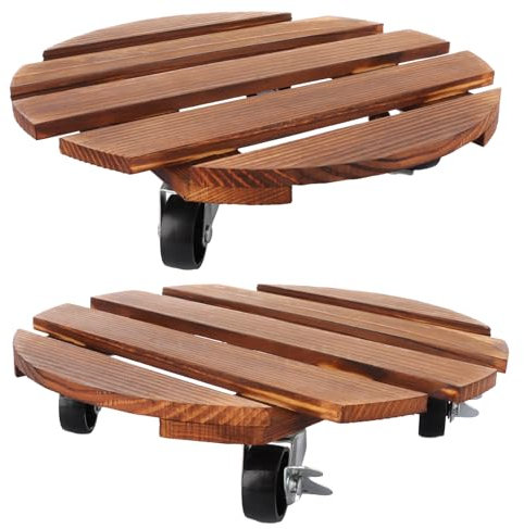 CYEER 2 PCS Plant Stand, 12 Inch Plant Stands Indoor Plant Caddy, Wooden Plant Trolley Rolling Plant Stand, Heavy Duty Round Plant Pot Feet Movers Plant Roller with Metal Lockable Caster