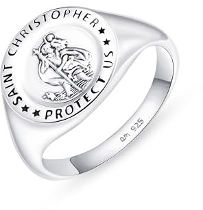 Amberta Sterling Silver Signet Ring for Men - Saint Christopher | Pinky Ring | Religious: Size T