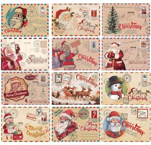 FORDJA Lot de 12 cartes de noël pliables avec enveloppes, set de cartes postales, série père Noël, avec vœux de Noël, carte postale noel, carte de Noël pour famille amis