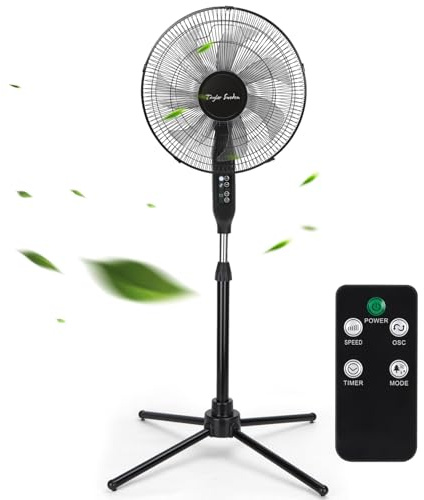 Taylor Swoden 16-Inch Pedestal Fan with Remote Control, Ultra-Quiet 7-Blade Oscillating Floor Fan, Adjustable Height, 9H Timer & 3 Speeds, Powerful Electric Cooling Fan for Bedroom & Home Office- Zen