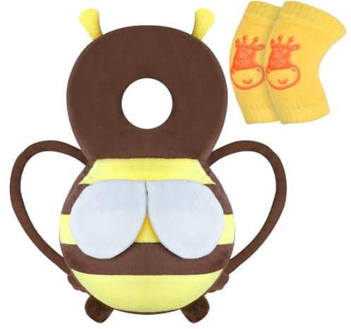 Vicloon Baby Kopfschutz, Verstellbare Schutzkissen Baby, Atmungsaktive Baby Head Schutzpolster für Kinder 4-24 Monate, Einstellbare Säugling Kissen Rucksack mit Knieschützer (Dunkelbraune Biene)