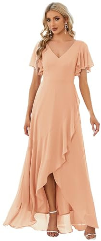 Ever-Pretty Robe pour Mariage Invité Femme Longue Asymétrique Manches Courtes Col V Fendue Fluide Chic Rose Foncé 38