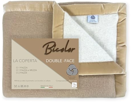 Tex family Manta bicolor de auténtica lana virgen suave y cálida beige – 1 plaza y media