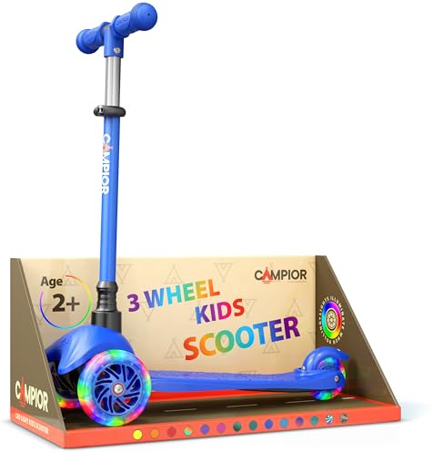 Blue Mini 3 Wheel Scooter for Kids β Lean-to-Steer with LED Light-Up Wheels, Adjustable Handlebar, Wide Anti-Slip Deck, Smooth PU Wheels, Rear Foot Brake β Toddler Scooter for Ages 2+