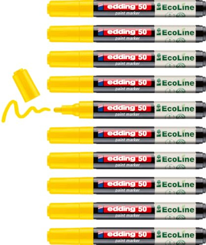 edding 50 EcoLine paint marker – yellow – pack of 10 – round nib 2-3 mm – water-based ink, highly opaque & waterproof – pen for glass, stone, wood, plastic and paper