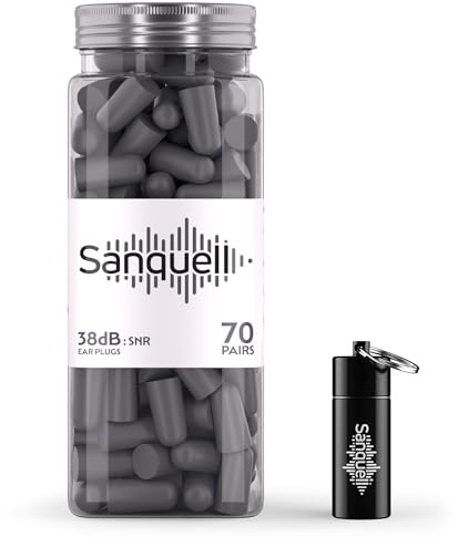 Sanquell Soft Disposable Foam Ear Plugs, 70 Pairs, SNR 38 dB Hearing Protection, Includes Aluminium Case, for Sleep, Travel, Work, and Study - Grey