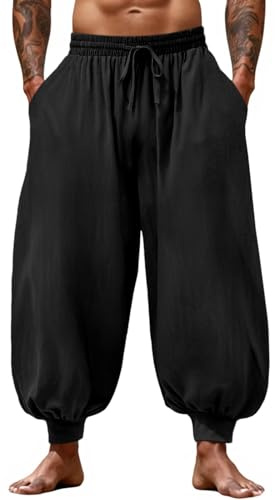 Runcati Mens Harem Pants Casual Elastic Waist Drawstring Baggy Hippie Trousers Cotton Linen Boho Yoga Beach Pants Black