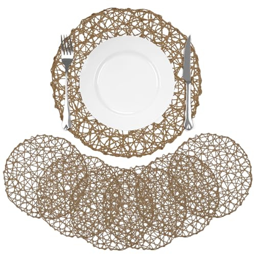 comfoyar Juego de 6 Manteles Individuales Redondo Papel Trenzado, Salvamanteles Individuales de Manteles Tejidos a Mano Marrón Claro para Cocinas y Comedores Decoración de Mesas para Fiestas 33cm