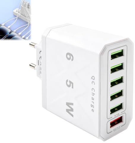 Cargador USB Múltiple 65W con 6 Puertos, Estación de Carga Rápida QC 3.0 y 5 Puertos 5V/3.1A, Cargador Rápido para iPhone 15 14/13/12/11, para S24/S23/S22, Xiaomi, iPad, Tablet y Otros Dispositivos