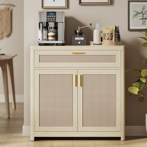 VASAGLE ELLAN Colección - Aparador de Estilo Boho con Puertas Efecto Ratán, Mueble de Cocina, Esquinas Redondeadas, Estante Ajustable, Cajón, Comedor, Beige Natural BBK601LC01