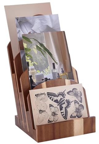 PH PandaHall 4 Niveaux Bois Brochure Porte Magazine Présentoir Support Prospectus Organisateur Râtelier Carte Postale Présentoir Porte Littérature Support pour Menu Pamphlet 15x15x23 cm Bois D'acacia