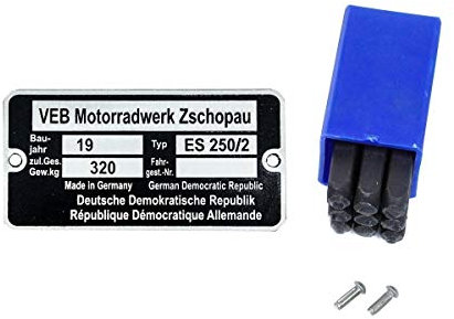 Typenschild für MZ ES 250/2 mit Schlagzahlen und Kerbnägeln