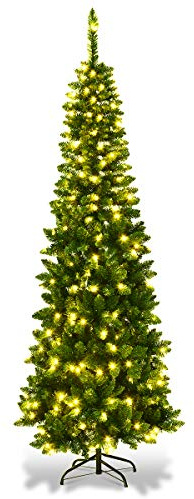 COSTWAY 200 cm Arbol de Navidad Slim/Estrecho con 250 Luces LED, Blanco Cálido, Agujas en PVC de 708 Ramas, arbol de Navidad con Luces Incorporadas, Arvore de Natal Hogar Fiesta Interior (200 cm)