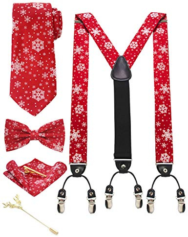 JEMYGINS Bretelle Uomo Rosso/Fiocco di neve in Seta Natale Regolabili a Forma di Y da 3,5 cm e larghe con 6 Fermagli Robusti con Cravatta e Papillon Insieme Scatola Inclusa(6)