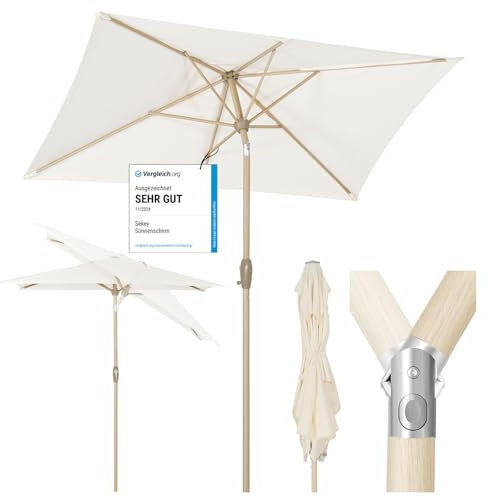 Sekey Aluminum Sonnenschirm Marktschirm Gartenschirm Terrassenschirm Sonnenschutz UV 50+ Rechteckig (210 × 140 cm, CREME)