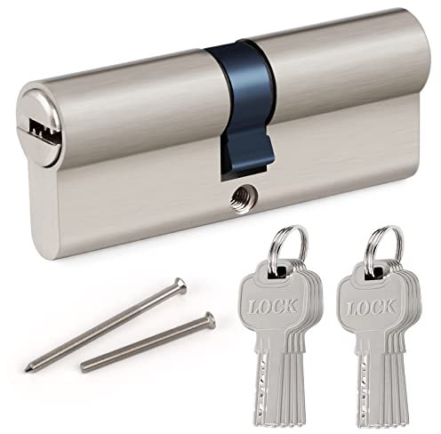 Lock Cylinder Profile Cylinder Double Cylinder 40/40 with 8 Keys, Cylinder Lock, Suitable for All Types of Doors, Made of Zinc Alloy, Metal Silver Knob Cylinder hengsong