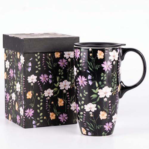Topadorn Porcelain Travel Mug with Lid 17oz - Microwave & Dishwasher Safe, Leak-Resistant for Coffee Tea Hot Chocolate - Black Flowers