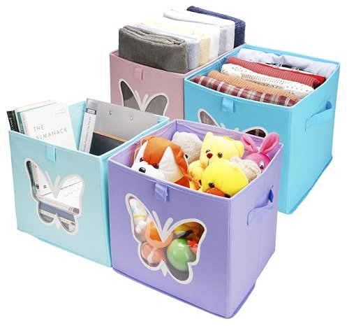 Belle Vous Set de Cajas Organizadoras Decorativas - 4x Caja de Almacenamiento de 30 x 30 x 30 cm - Cubos de Tela Plegables con Asas y Ventana para Almacenaje de Juguetes y Ropa
