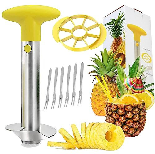 TANJI Ananasschneide, Edelstahl Ananas-Entkerner, Entkerner Und Schneider für Ananas, Obst, Wiederverwendbar, Rutschfester Griff, Gelb, Edelstahl+Kunststoff, Thermoplastisches Elastomer (TPE)