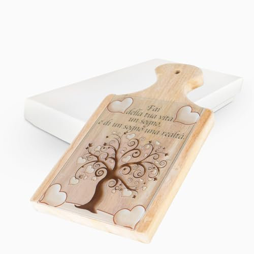 Bomboniera Tagliere e Sottopentola Albero della vita in legno mis 12x21 cm con stampa su vetro con Scatola da Regalo in omaggio ideale per Bomboniera Comunione Cresima Matrimonio e Anniversario