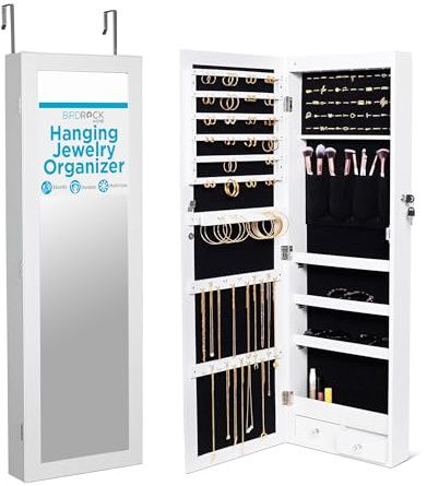 BIRDROCK HOME Hanging Jewelry Organizer - Lockable Storage Cabinet with Body Mirror & LED Lights, Door or Wall Mounted for Closet or Bedroom Dresser, Adjustable Height & Large Capacity - White