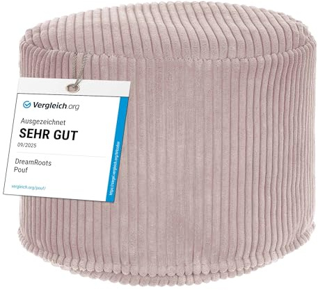 DreamRoots Runder Cord Pouf Hocker 380 g/m2 als Bequemer Bodenstuhl und Vielseitiges Sitzkissen Boden für Wohnzimmer Schlafzimmer oder Homeoffice 50x50x35 cm Silver Pink