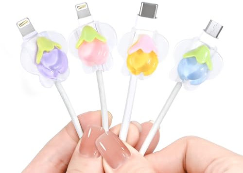 Cute Cable Protector for iPhone Type-c Charger, 4pcs Anti-Break Charging Cord Protector Lovely 3D Flower Design Rabbit Shape,Cord Cover, Cable Sleeve, Cable Chomper-Pink&Purple &Yellow&Blue