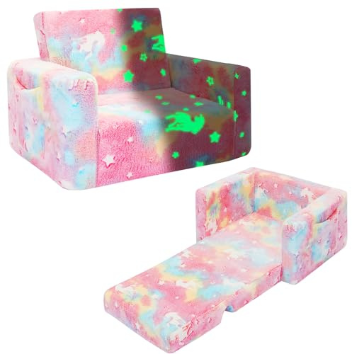 SLIGUY Canapé Convertible pour Tout-Petits, canapé Convertible pour Enfants, canapé extractible, Phosphorescent, Cadeau pour garçons et Filles (Licorne Rose)