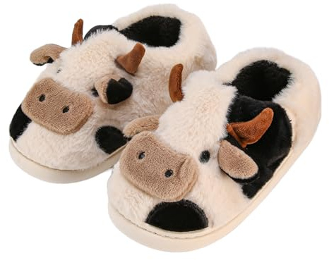 sharllen Fluffy Cow Slippers, Novelty Cute Animal House Slippers for Women Fuzzy Plush Winter Warm Cotton Shoes for men Indoor&Outdoor