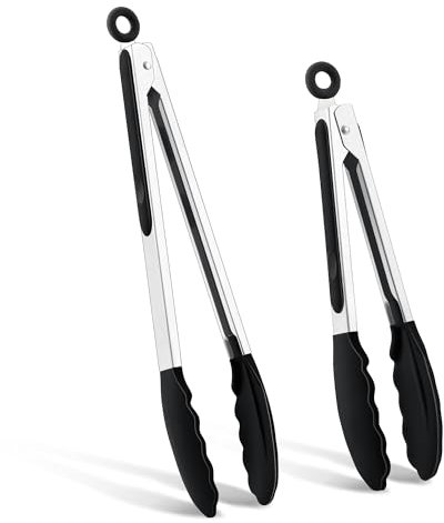 Pinzas para barbacoa, 2 pinzas de cocina de acero inoxidable, 26 cm y 33 cm, pinzas de cocina con bloqueo, pinzas de cocina con mango de silicona resistente al calor y punta de silicona para la