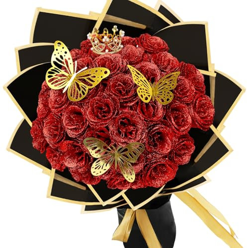 LARDUX Lot de 24 bouquets de roses artificielles à paillettes pour la Saint-Valentin, les mariages, les fiançailles, les anniversaires, la fête des mères