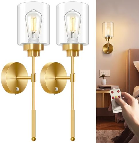slochi Battery Operated Wall Sconce Set of 2, Wireless 5200mAh Rechargeable Wall Lights with Remote, Dimmable Wireless Wall Sconces for Bedroom, Living Room, and Hallway (Gold)