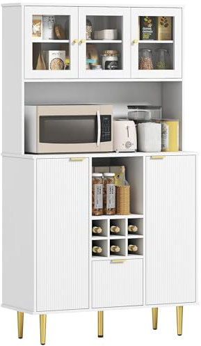 HOMCOM Alacena de Cocina Mueble Auxiliar de Cocina Aparador Alto con 3 Puertas de Vidrio Botellero Cajón Estantes Ajustables y Compartimentos Abiertos 100x40x180 cm Blanco