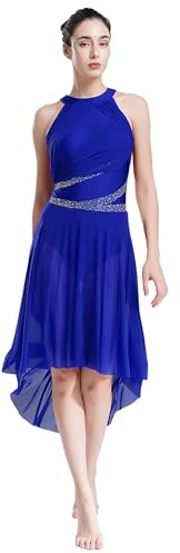 Loodgao Vestito da Danza Lirica per Donna con Gonna Asimmetrica a Rete e Top Allacciato Body Costume Moderno Contemporaneo Balletto Tunica a Balze per Gara e Spettacolo Blu M