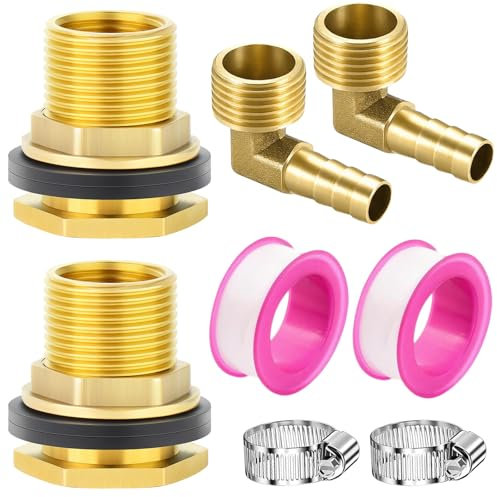 XSHAO® 2 Pcs Raccord Citerne Eau de Pluie, Passages de Citerne D'eau de Pluie - 1/2 AG 3/8 IG Raccord Coude en Laiton 90° avec Colliers de Serrage et Bandes Colle Crue, pour Barils D'eau