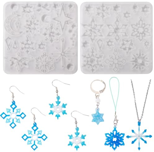 Craftora Lot de 2 moules en silicone en forme de flocon de neige pour décoration de Noël, pendentifs en résine époxy UV, fabrication de bijoux, porte-clés