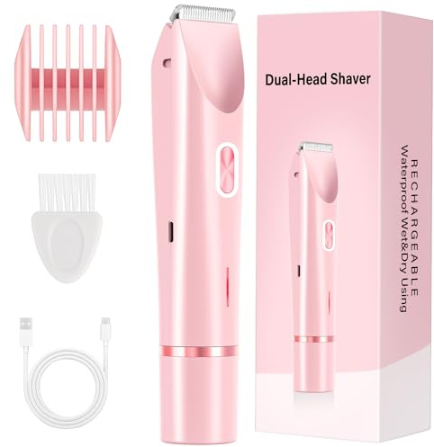 2-in-1 Women's Electric Razor & Bikini Trimmer - Painless Smooth Shave & Gentle Pubic Hair Removal - Dual Ceramic Blades, IPX7 Shower-Proof - Cordless for Sensitive Skin