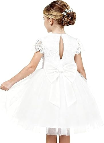 GRACE KARIN Flickprinsessa tyllklänningar kortärmad spets A-linje klänning med rosett födelsedagsfest bröllop, Vitt, 10 år