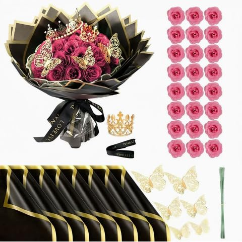 Wekuw 24 Pezzi Bouquet di Rose Glitterate Kit Fai da Te Rose Artificiali Fiori Finti per Decorazione, per Regali di San Valentino, Anniversario, Compleanno, Matrimonio, Lauree (Rosa)
