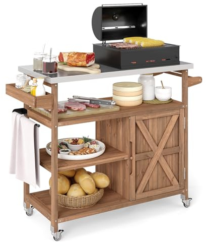 COSTWAY Grillvagn Utomhus, Serveringsvagn på Hjul med Bänkskiva i Rostfritt Stål, Hyllor, Kryddhylla, Skåp och Handdukshållare, BBQ Grillbord med 1 Dörr, 118 x 47 x 92 cm