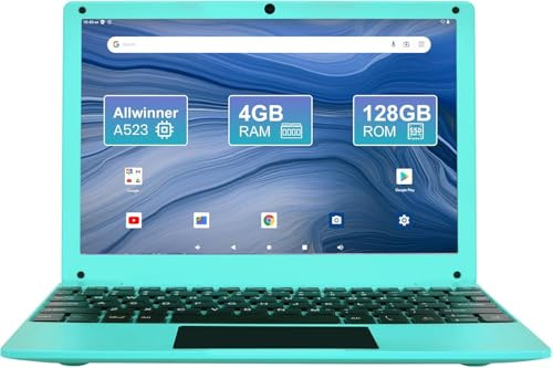 ZHAOHUIXIN Mini Laptop 10.1 inch Android 14, 4GB RAM, 128GB EMMC, Small Computer HD IPS Display, 1280x800 Pixel, Portable Netbook with Allwinner A523 CPU Blue
