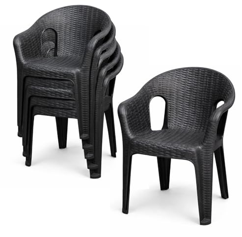 PALUPLUS Set 6 Sedie da Giardino in Polipropilene effetto Rattan colore Antracite, misura 56x47x81 cm, Sedia Impilabile, Schienale Basso e Braccioli per Esterno ed Interno, Portata 120 Kg -2622F -22