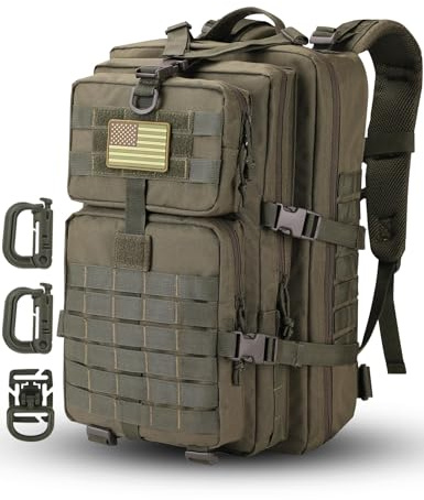 Hannibal Tactical MOLLE Assault Backpack, Tactical Backpack Military Army Camping Rucksack, 3-Day Pack Trip w/USA Flag Patch, D-Rings, Olive