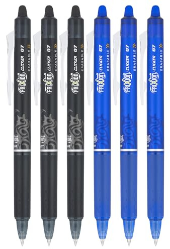 Pilot FriXion Clicker 0.7mm, Erasable Gel Pens, Fine Point (6-Pack, Black/Blue)