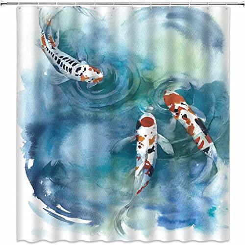 AMFD Koi Fish Shower Curtain Japanese Colorful Carp in The Pond Watercolor Ink Painting Art Asian Fabric Bathroom Decor Set 70x70 Inches Include Hooks
