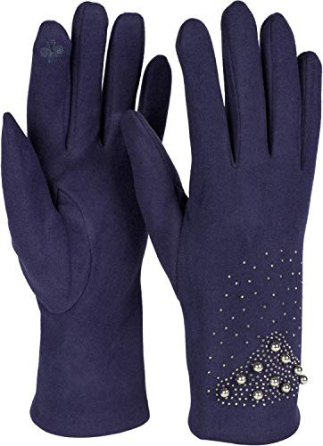 styleBREAKER Guantes para damas con pantalla táctil con strass y perlas, forro polar, guantes de abrigo, invierno 09010035, color:Azul oscuro