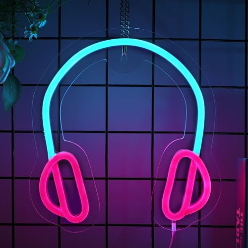 Headset Neon Schilder LED Nachtlicht, USB Powered Headphone Lightup Game Schilder für Game Zone Video Room Boy Bedroom Wall Decor, helles und dimmbares farbiges Headset Gamer Neon Licht