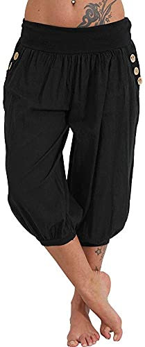 shownicer Haremshose Damen Kurz Pumphose 3/4 Baggy Hose Leichte Sommerhose Pluderhose Lässige Stoffhose Weite Aladinhose Freizeithose Yogahose Strandhose mit Taschen A Schwarz XXL
