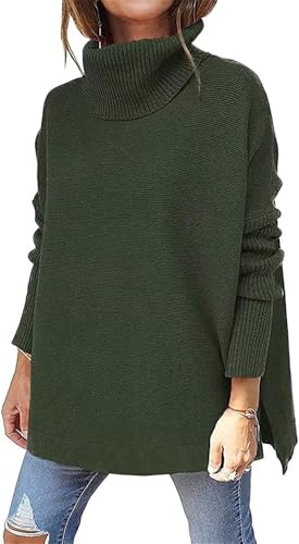 ASKSA Mujer Jersey de Punto Cuello Alto Cálido Sueter Elegante Casual Sweater Pullover Básica Oversize Talla Grande (Verde Exército,XL)