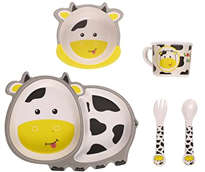 Fekdod Kids Dinnerware Set Bamboo 5 Pcs with Plate Bowl Cup Fork Spoon (Cow)